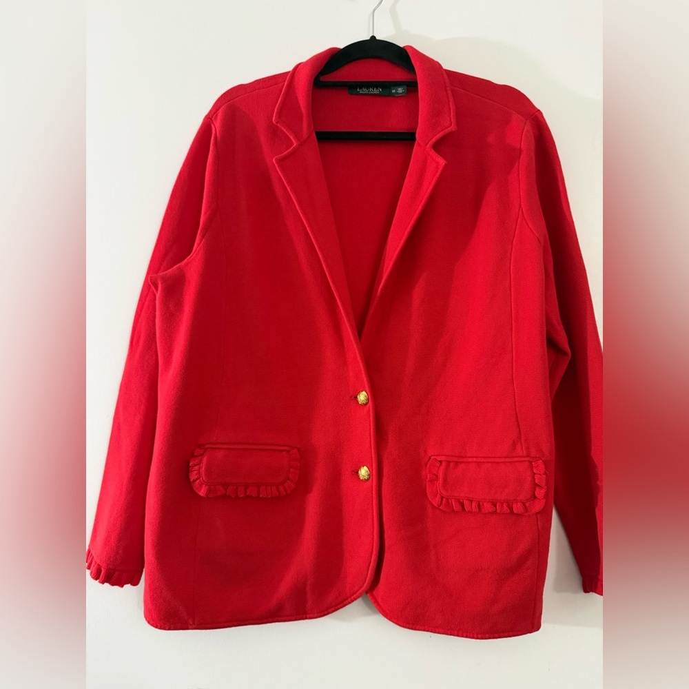 Ralph Lauren Red Single-Breasted Blazer with Ruffle Pocket Trim